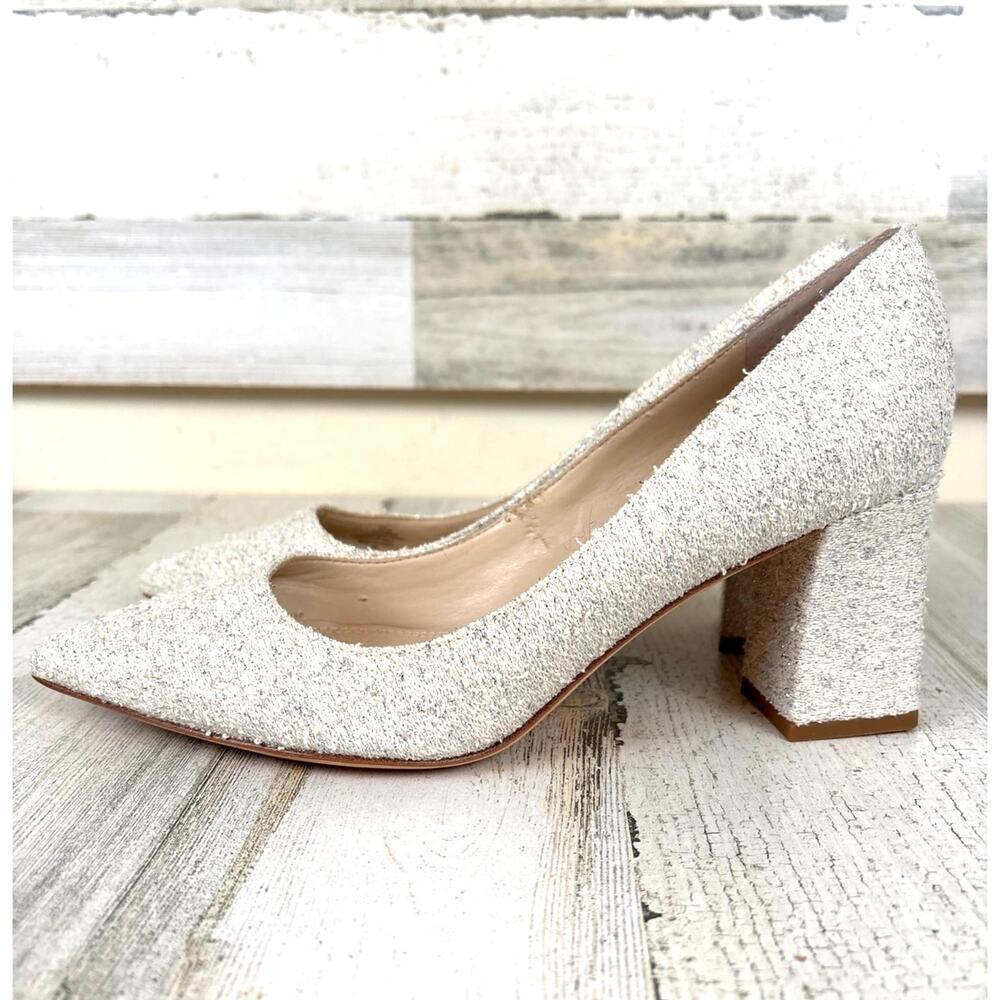Marc Fisher 7.5 Zala Silver Tweed Pointed Toe Block Heel Pumps Womens NEW